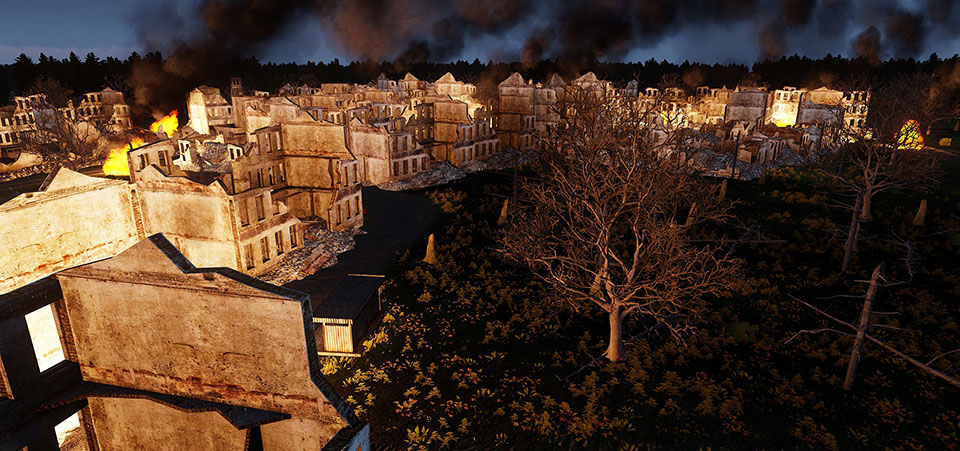A screenshot of a destroyed city on the Dnieper terrain.